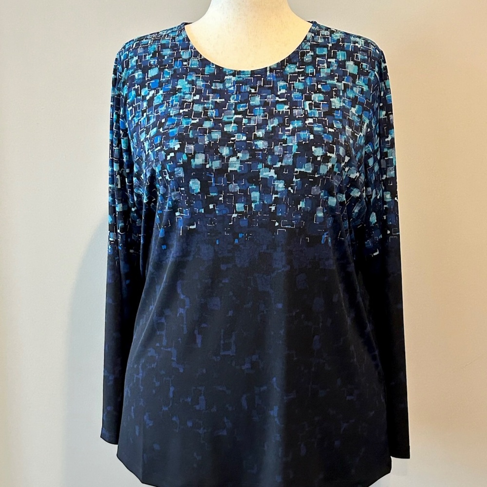 Susan Graver Foil Printed Liquid Knit LS Crewneck Top - Ocean/Silver - 1X